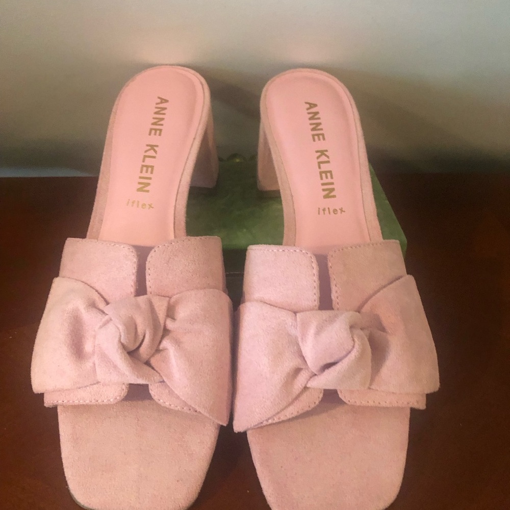 Anne Klein Blush Pink Suede Knot Block Heel Mules